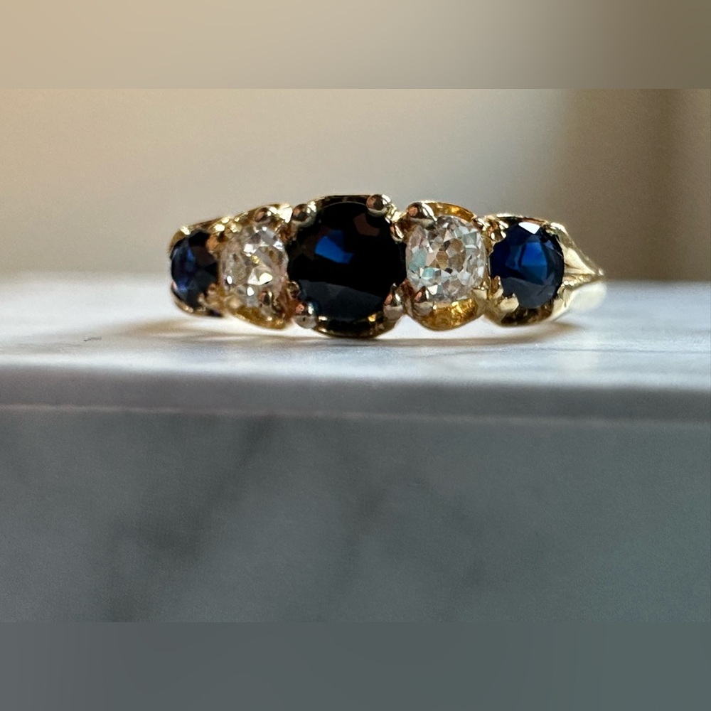 Antique 18K Gold Sapphire & Old Mine Diamond Victorian 5-Stone Ring Size 5.5 - Picture 11 of 15